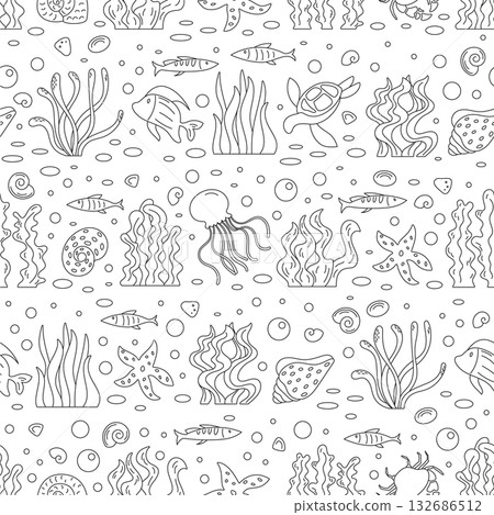 Seamless cartoon underwater fish pattern in outline style. Ocean reef plants, aquatic creatures, and marine shapes create a doodle background. Abstract aquatic texture with marine life forms. Seamless cartoon underwater fish pattern in outline style. Ocean reef plants, aquatic creatures, and marine shapes create a doodle background. Abstract aquatic texture with marine life forms. 132686512