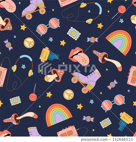 Groovy retro seamless background in vibrant psychedelic style pattern. Roller skates, cassette, rainbow and colorful music motifs add funky y2k energy. Perfect for nostalgic, playful vintage Groovy retro seamless background in vibrant psychedelic style pattern. Roller skates, cassette, rainbow and colorful music motifs add funky y2k energy. Perfect for nostalgic, playful vintage 132686513