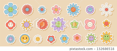Groovy retro flower sticker set in cute cartoon doodle style, with happy smile and playful colorful face. This groovy element set adds a y2k pop and daisy charm, perfect for cheerful, fun designs. Groovy retro flower sticker set in cute cartoon doodle style, with happy smile and playful colorful face. This groovy element set adds a y2k pop and daisy charm, perfect for cheerful, fun designs. 132686518
