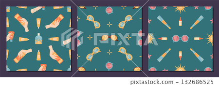Cartoon seamless sunscreen bottle pattern in summer style with lotion and spray shapes. SPF and sun motifs add to the cosmetic packaging concept, repeating with sunglasses hold form in a decorative Cartoon seamless sunscreen bottle pattern in summer style with lotion and spray shapes. SPF and sun motifs add to the cosmetic packaging concept, repeating with sunglasses hold form in a decorative 132686525