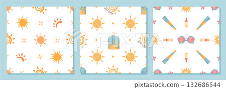 Sunscreen bottle seamless pattern flat style with sun shape and spf detail. Cream container, lotion tube and sunglasses logo form a set for summer cosmetic product background. Sunscreen bottle seamless pattern flat style with sun shape and spf detail. Cream container, lotion tube and sunglasses logo form a set for summer cosmetic product background. 132686544