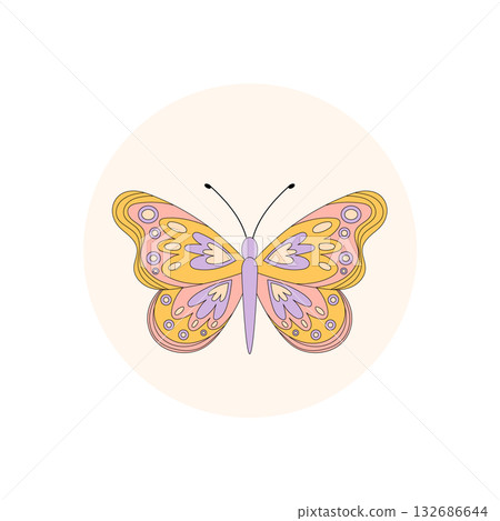 Groovy retro butterfly as a cute and colorful sticker in a circle. Seal for y2k style package lid, playful accent for creative packaging, bold symbol in modern retro theme and trendy fun look. Groovy retro butterfly as a cute and colorful sticker in a circle. Seal for y2k style package lid, playful accent for creative packaging, bold symbol in modern retro theme and trendy fun look. 132686644