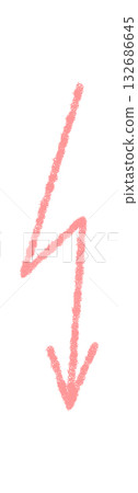 Hand drawn pink wavy arrow in chalk style forms a unique icon. Chalk stroke brings a pastel texture and organic element as modern down symbol for creative projects and posters. 132686645