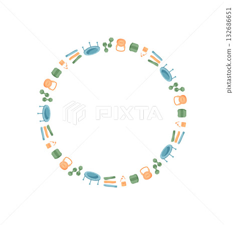 Flat round frame with gym and fitness gear. Pattern featuring equipment like dumbbells, kettlebells, and mats. Ideal for sport visuals, healthy lifestyle themes, workout training banners. Flat round frame with gym and fitness gear. Pattern featuring equipment like dumbbells, kettlebells, and mats. Ideal for sport visuals, healthy lifestyle themes, workout training banners. 132686651