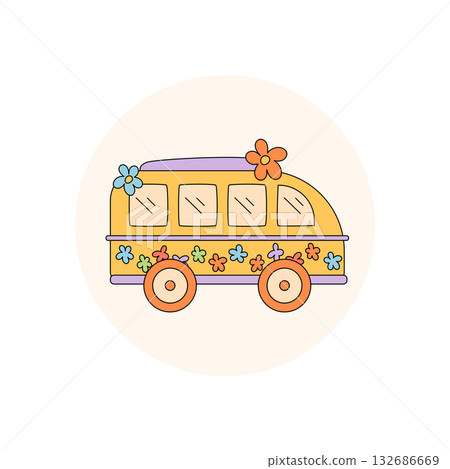 Groovy hippie van sticker with colorful label circle and orange flower, retro cartoon illustration. Funky y2k package lid, music vibe and abstract retro style, perfect for package or label. 132686669