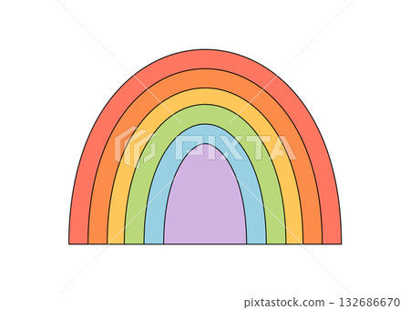 Groovy retro rainbow abstract shape with colorful wave style in flat yellow form. Funky groovy element creates y2k mood, inspired by music and playful graphic concepts. 132686670