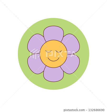 Groovy retro flower smiley sticker in cartoon circle with happy and cute yellow face. Fun y2k style groovy element, perfect as package or box seal and playful pop accent for vintage appeal. Groovy retro flower smiley sticker in cartoon circle with happy and cute yellow face. Fun y2k style groovy element, perfect as package or box seal and playful pop accent for vintage appeal. 132686690