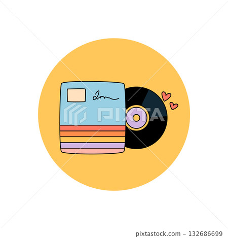 Groovy retro vinyl box sticker label with colorful yellow circle and y2k logo. Modern music package with seal and lid, playful graphic trendy record emblem for pop branding applications. 132686699