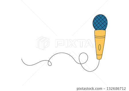 Groovy y2k microphone in retro style and vintage audio palette. Party music icon and groovy element with cool yellow blue color, perfect for sound, karaoke or event creative use. 132686712