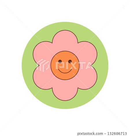 Groovy retro flower sticker badge with a cute happy smile and colorful circle shape. Groovy element illustration for lid or package use, bright y2k aesthetic for playful and positive seal. Groovy retro flower sticker badge with a cute happy smile and colorful circle shape. Groovy element illustration for lid or package use, bright y2k aesthetic for playful and positive seal. 132686713