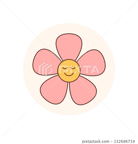 Retro groovy flower with a smiling face decorates this cute pink and yellow circle sticker. Y2k label design adds a fun accent to any package lid for playful, trendy look. 132686719
