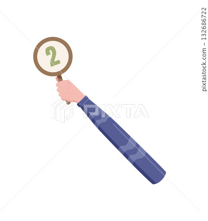 Flat hand holding a circular two rating symbol. Isolated review gesture with a mark for feedback and vote. Satisfaction concept for customer evaluation, survey, marketing, and business symbol. 132686722