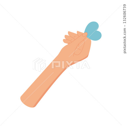Flat hand holding a heart symbol in colorful abstract style. Gesture of love and charity emphasizing support, aid, and giving. Ideal for social human connection themes. Flat hand holding a heart symbol in colorful abstract style. Gesture of love and charity emphasizing support, aid, and giving. Ideal for social human connection themes. 132686739