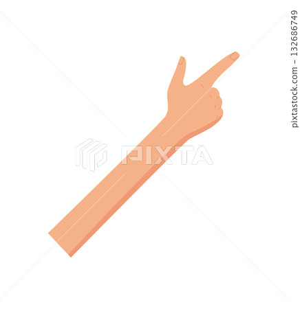 Bare hand in flat style with two raised fingers. Gesture showing number two with isolated palm and fingers on white background. Simple human hand symbol for count, math, or signal. Minimal design 132686749