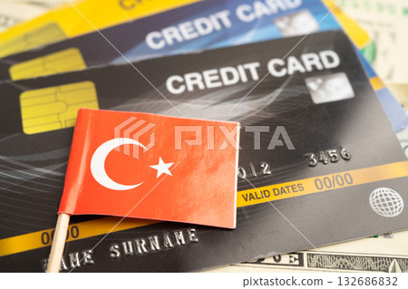 Credit card model with Turkey flag, financial investment economy business banking. 132686832