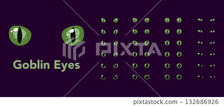 Set of green goblin glowing eyes dark background fantasy magic cartoon animal reptile feline mammal monster demon Set of green goblin glowing eyes dark background fantasy magic cartoon animal reptile feline mammal monster demon 132686926