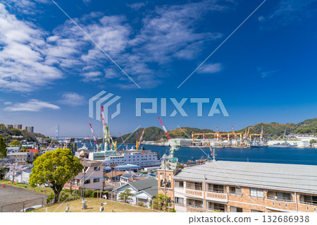 Nagasaki Prefecture: Port scenery of Nagasaki Port and the cityscape with shipyards Nagasaki Prefecture: Port scenery of Nagasaki Port and the cityscape with shipyards 132686938