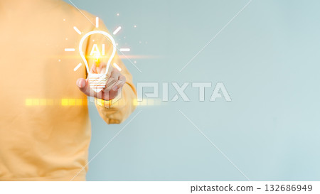 Man touching glowing light bulb with AI interface, symbolizing innovation, creativity, smart technology, startup ideas, future energy and digital transformation in modern business solutions. 132686949