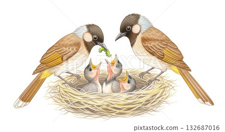 一幅柔和的水彩畫，描繪了幸福的棕耳鵯一家。 132687016