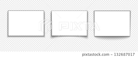 Set of horizontal A4 sheets of paper with shadows isolated on transparent background. Blank white page, card or banner templates. Photo or picture canva mockups. Vector realistic illustration 132687017
