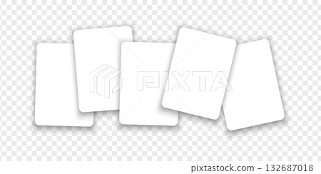 Five blank white playing, gift or discount cards mockups isolated on transparent background. Template of playcards for royal flush combination. Poker game concept. Vector realistic illustration Five blank white playing, gift or discount cards mockups isolated on transparent background. Template of playcards for royal flush combination. Poker game concept. Vector realistic illustration 132687018