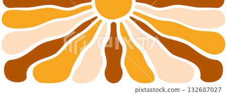 Background with groovy wavy sun rays. Sunburst, sunlight or sunbeam horizontal poster. Spring or summer theme wallpaper. Positive vibes concept. Modern fun print. Vector flat illustration Background with groovy wavy sun rays. Sunburst, sunlight or sunbeam horizontal poster. Spring or summer theme wallpaper. Positive vibes concept. Modern fun print. Vector flat illustration 132687027