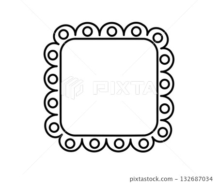 Square frame with laced edges. Cite vignette for photo, picture or mirror with frilly borders. Empty box, tag or label isolated on white background. Vector graphic illustration 132687034