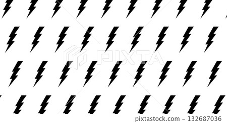 Bolt silhouettes pattern. Repeated black lightning signs isolated on black background. Wallpaper with blitz, energy, power or danger cartoon symbols. Vector graphic illustration 132687036