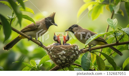 一張快樂的棕耳鵯一家照片 132687051