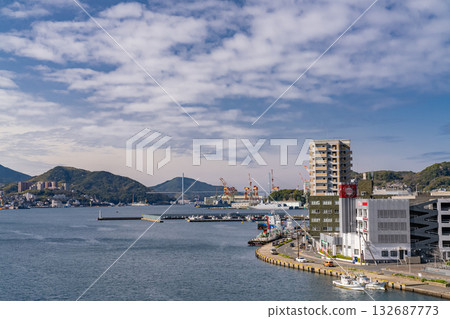 Nagasaki Prefecture: Port scenery of Nagasaki Port and the cityscape with shipyards 132687773