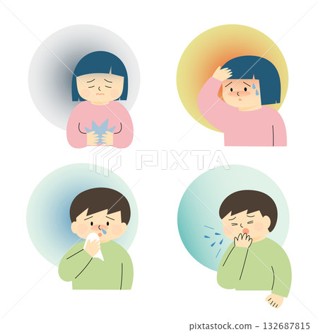 Illustration set of cold symptoms in children Illustration set of cold symptoms in children 132687815