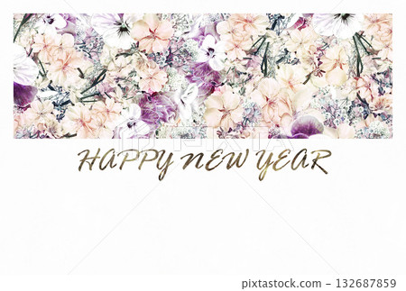 A chic floral New Year's card featuring cherry blossoms and spring flowers 132687859
