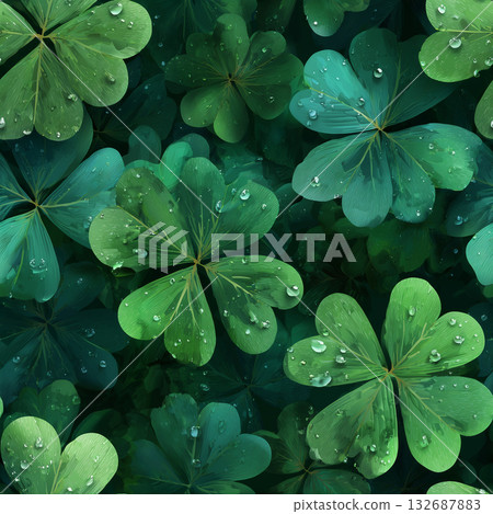 Seamless pattern background of realistic clover leaves with dewdrops 132687883