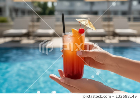 A hand holds a tropical cocktail garnished with fruit and a small umbrella against the backdrop of a swimming pool. The bright sunlight and blurred lounge chairs create a vacation atmosphere. The 132688149