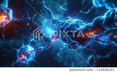 The image showcases a digital rendering of neurons, highlighting the central nervous The image showcases a digital rendering of neurons, highlighting the central nervous 132688203