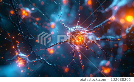 The image shows a neuron, part of the nervous system, firing with brightly colored electrical The image shows a neuron, part of the nervous system, firing with brightly colored electrical 132688205