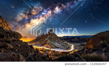 A stunning nighttime landscape features a desert, winding road, and a vibrant Milky Way 132688247