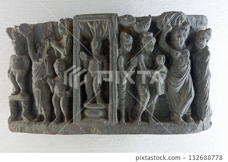 A small sculpture depicting the birth of Buddha, one of the Buddhist biographical sculptures on display at the Taxila Museum in the ancient city of Taxila, Pakistan. A small sculpture depicting the birth of Buddha, one of the Buddhist biographical sculptures on display at the Taxila Museum in the ancient city of Taxila, Pakistan. 132688778