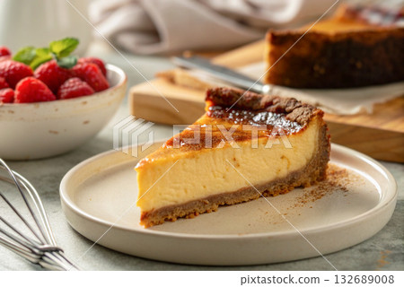 A baked cheesecake characterized by its rich cheese flavor and firm, sticky texture. 132689008