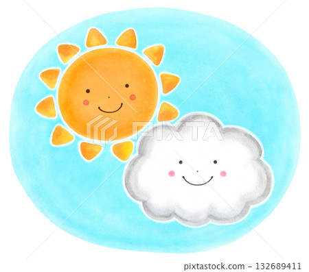 可愛的太陽和雲朵（淺藍色背景） 132689411