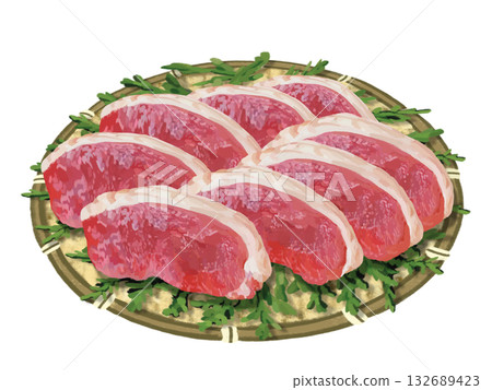 Duck meat (sliced) in a colander with cypress leaves Duck meat (sliced) in a colander with cypress leaves 132689423