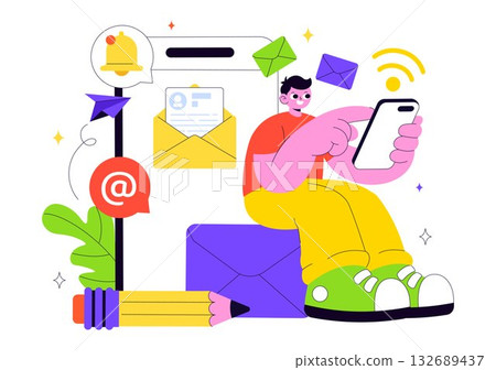 Email Service Vector Illustration Featuring File Correspondence Delivery, Electronic Mail Communication, and Business Marketing in a Flat Background 132689437