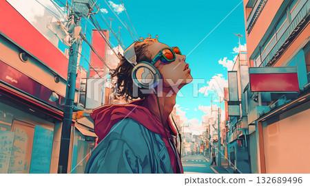 A man listening to music and looking up at the sky in the city 132689496