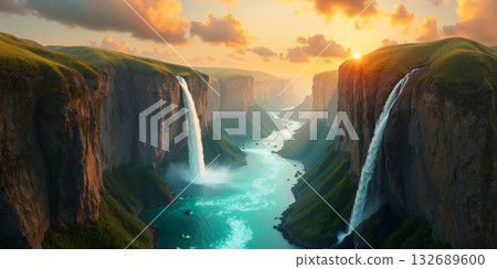 日落瀑布和河流景觀 - 人工智慧生成的圖像 132689600