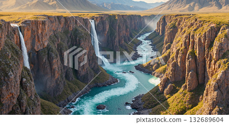 日落瀑布和河流景觀 - 人工智慧生成的圖像 132689604