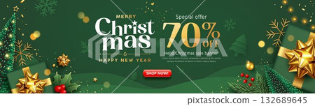 Merry christmas and Happy new year sale, gift box and ornaments banner design on green background 132689645