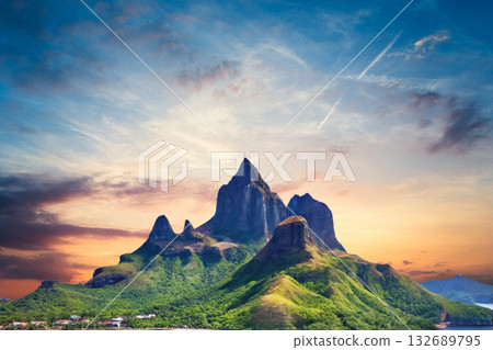 sunset in the tropical islands. beautiful panorama view of the beach in palawan, philippines 132689795