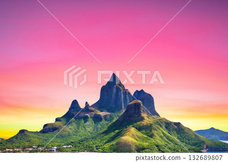 sunset in the tropical islands. beautiful panorama view of the beach in palawan, philippines 132689807