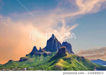 sunset in the tropical islands. beautiful panorama view of the beach in palawan, philippines sunset in the tropical islands. beautiful panorama view of the beach in palawan, philippines 132689813