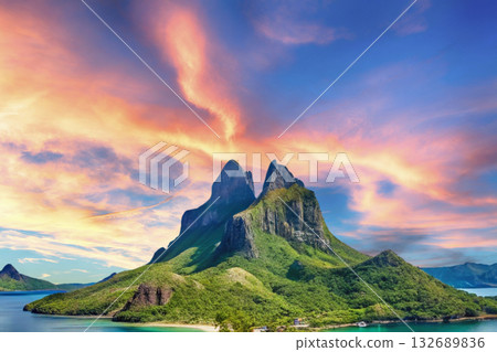 sunset in the tropical islands. beautiful panorama view of the beach in palawan, philippines sunset in the tropical islands. beautiful panorama view of the beach in palawan, philippines 132689836